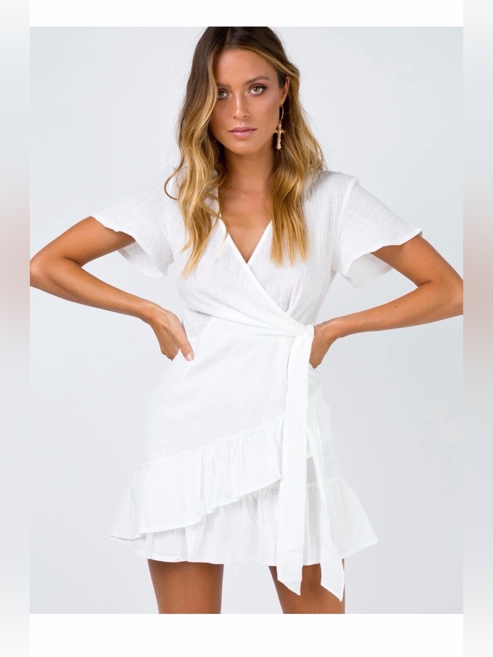PRINCESS POLLY womens size 4 company for one white ruffled wrap tie waist dress